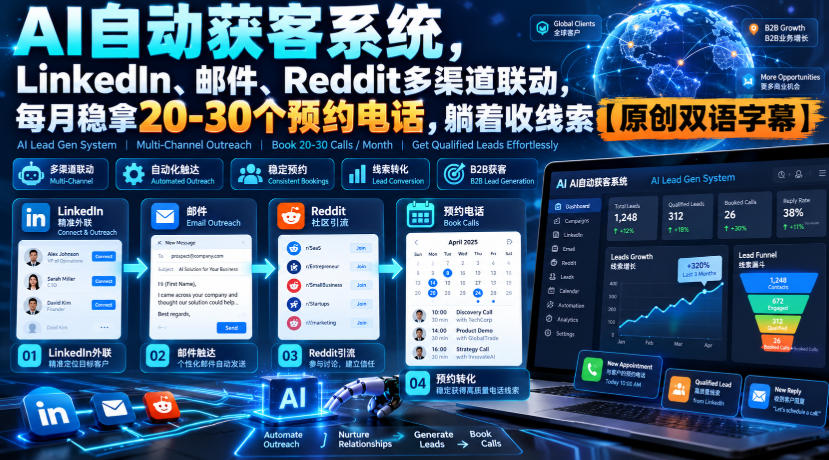 【无水印】AI自动获客系统，LinkedIn、邮件、Reddit多渠道联动，每月稳拿20-30个预约电话，躺着收线索【原创双语字幕】-源创文化