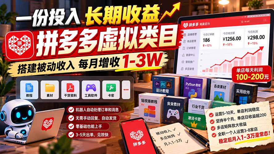 一份投入长期收益，拼多多虚拟类目，搭建被动收入每月增收 1-3W-源创文化