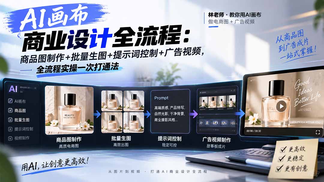 AI画布商业设计全流程-更新1026：商品图制作+批量生图+提示词控制+广告视频，全流程实操一次打通法-源创文化