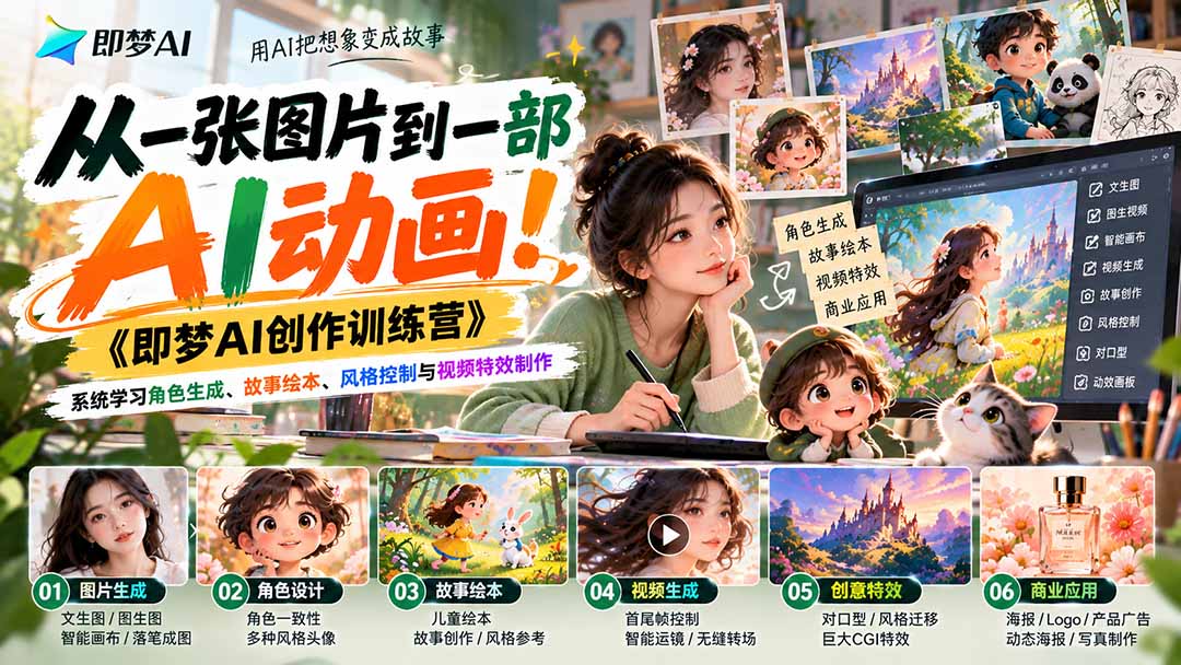 【无水印】从一张图片到一部AI动画！《即梦AI创作训练营》系统学习角色生成、故事绘本、风格控制与视频特效制作-源创文化