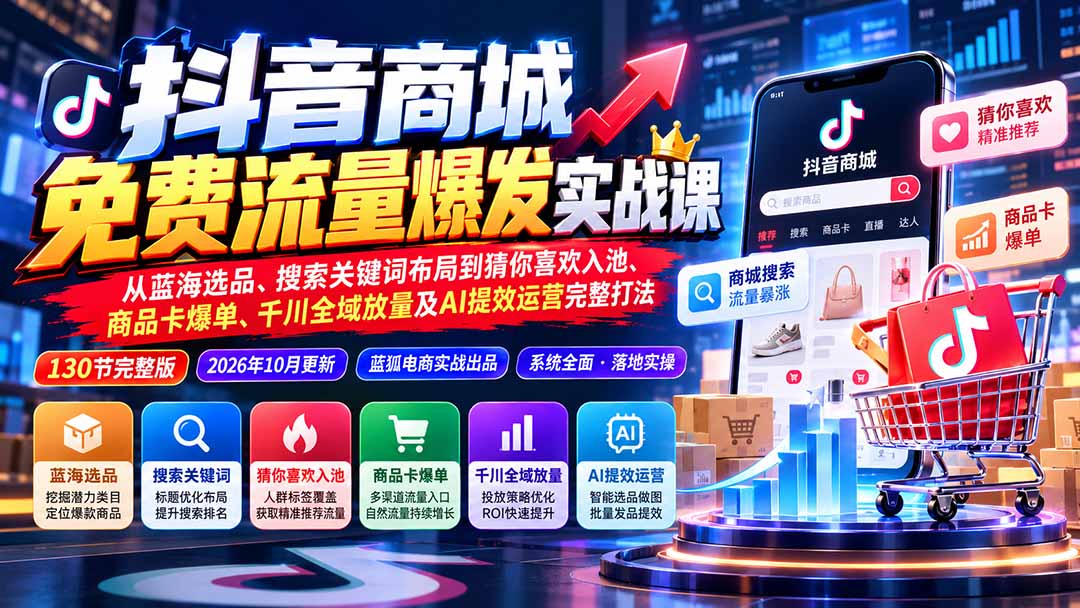 抖店城免费流量爆发实战-更新：蓝海选品、搜索关键词布局到猜你喜欢入池、商品卡爆单、千川全域放量及AI提效完整打法-源创文化