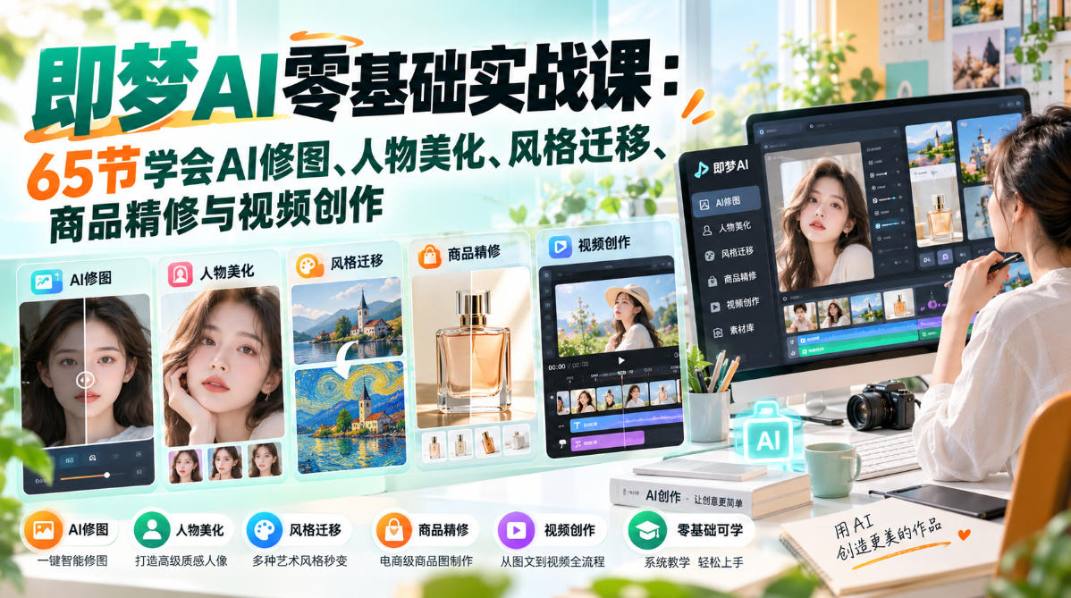 即梦AI零基础实战课：65节学会AI修图、人物美化、风格迁移、商品精修与视频创作-源创文化