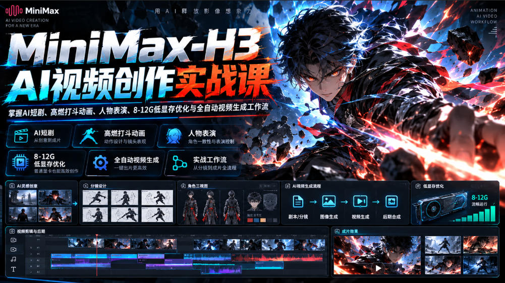 MiniMax-H3 AI视频创作实战课，掌握AI短剧、高燃打斗动画、人物表演、8-12G低显存优化与全自动视频生成工作流-源创文化