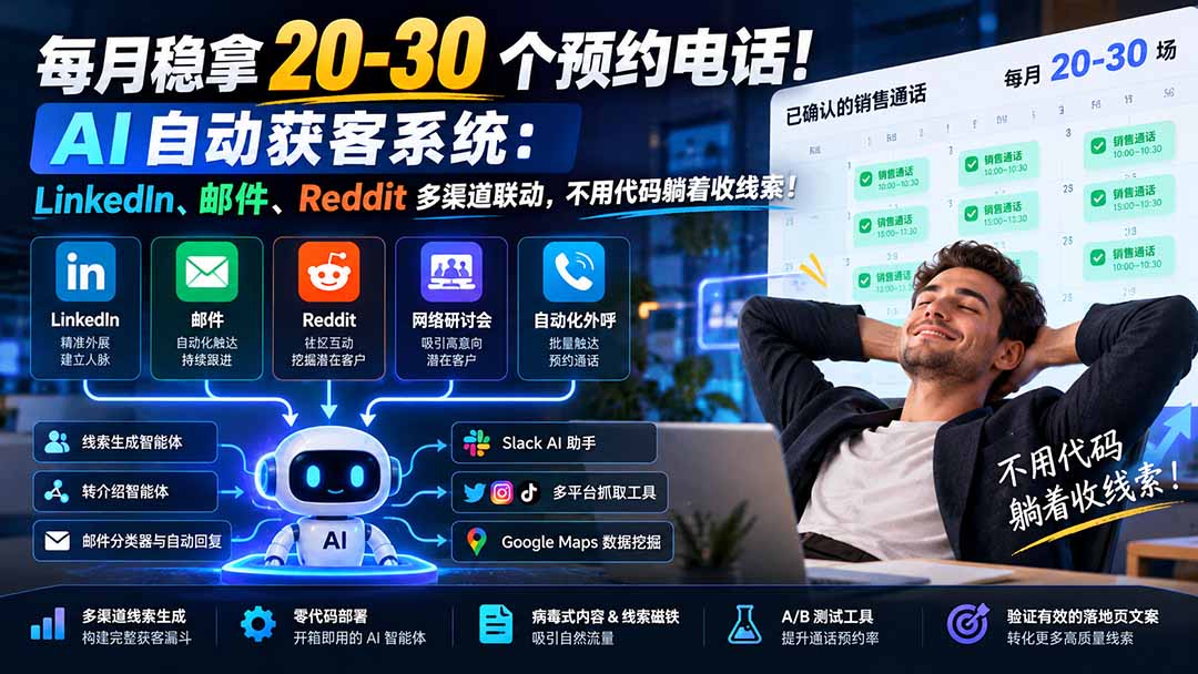 每月稳拿 20-30 个预约电话！AI 自动获客系统：LinkedIn、邮件、Reddit 多渠道联动，不用代码躺着收线索！-源创文化
