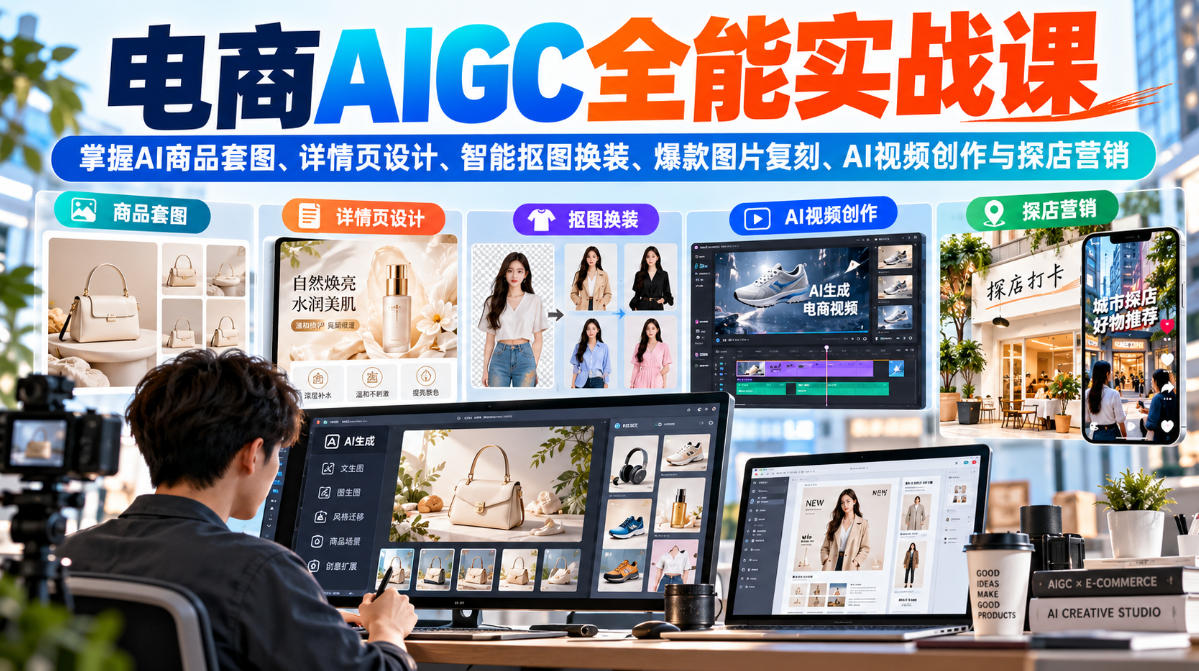 电商AIGC全能实战课：掌握AI商品套图、详情页设计、智能抠图换装、爆款图片复刻、AI视频创作与探店营销-源创文化