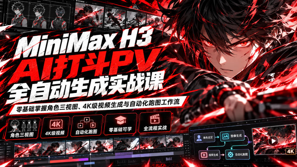 MiniMax H3 AI打斗PV全自动生成实战课：零基础掌握角色三视图、4K级视频生成与自动化跑图工作流-源创文化
