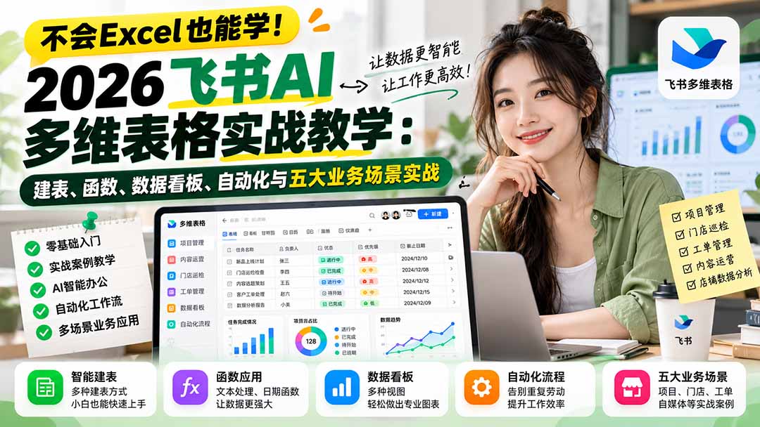 不会Excel也能学！2026飞书AI多维表格实战教学：建表、函数、数据看板、自动化与五大业务场景实战-源创文化
