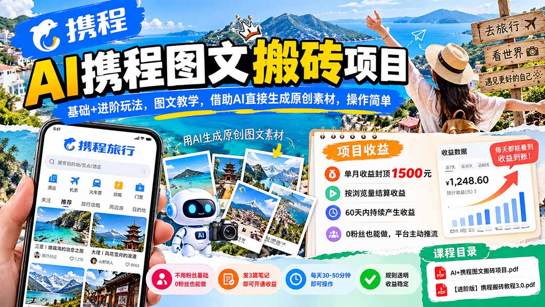 AI携程图文搬砖项目，基础+进阶玩法，图文教学，借助AI直接生成原创素材，操作简单-源创文化