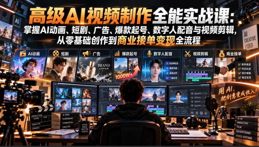 高级AI视频制作全能实战课：掌握AI动画、短剧、广告、爆款起号、数字人配音与视频剪辑，从零基础创作到商业接单变现全流程-源创文化